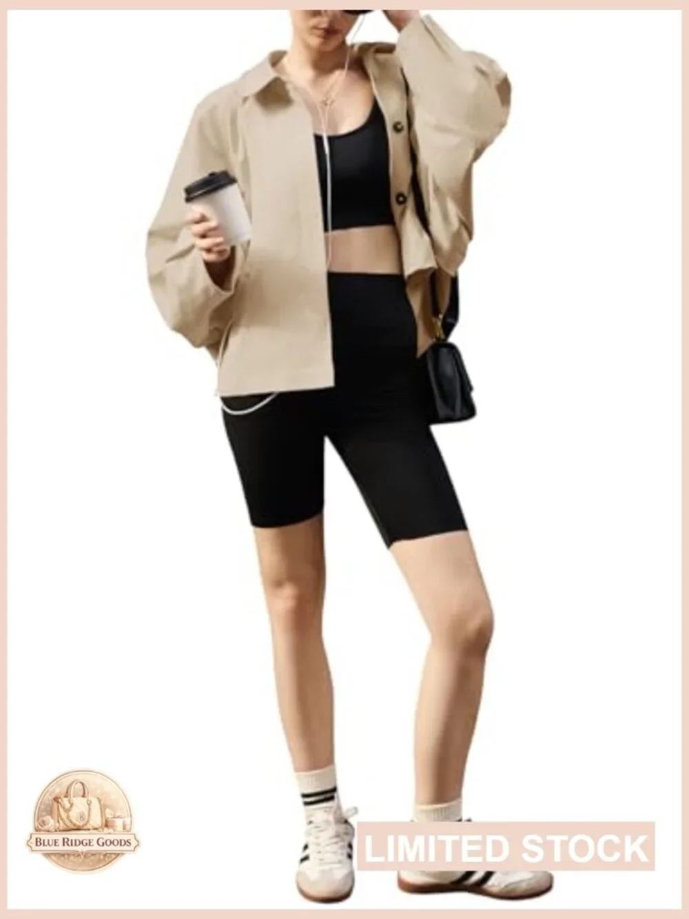 Cropped Trench Coat Lightweight Batwing Sleeve Oversized Chic Casual Outerwear - Picture 6 of 7